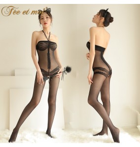 FEE ET MOI Sexy Jacquard Open File Body Stocking (Black)